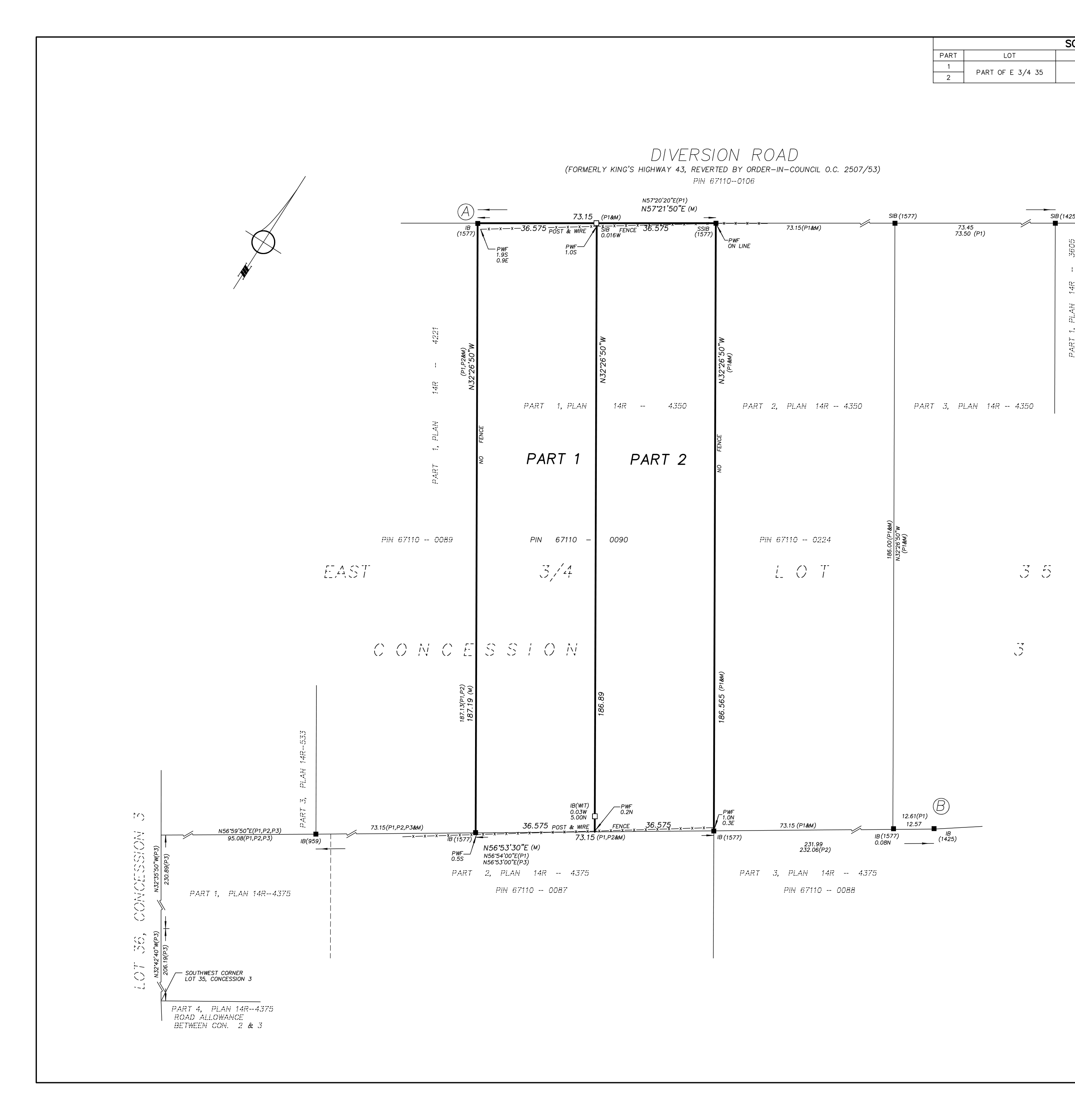 Plan of survey of part of the East 3/4 of Lot 35, Concession 3, Township of Kenyon, showing two defined parts on Diversion Road